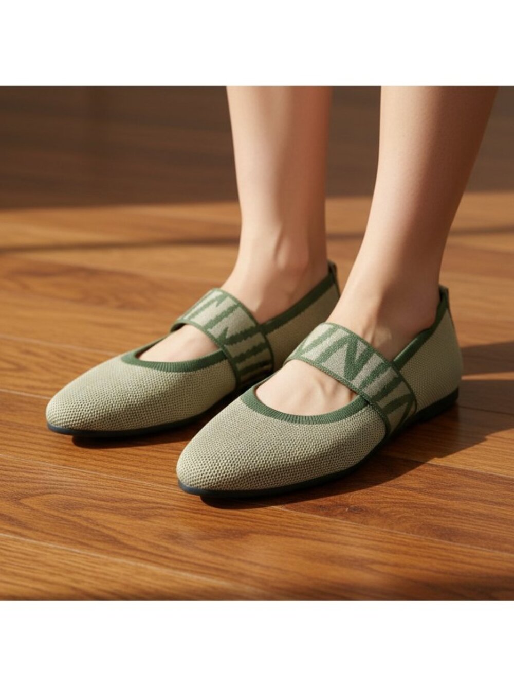 Contrasting Knit Pointed Toe Mary Jane Wide Strap Ballet Flats Slip-On Shoes